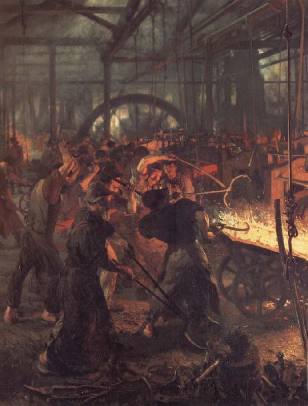 Adolph von Menzel Das Eisenwalzwerk,Ausschnitt:Einschieben des Blockes in das Walzwerk oil painting picture